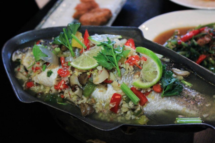 charcoal thai steamed sea bass