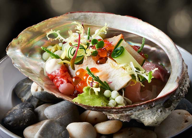 RWS Ocean Restaurant - Ocean - Harmony of Sea Life Ginger Essence, Salsa Vert, Watermelon Sorbet, Charred Aioli