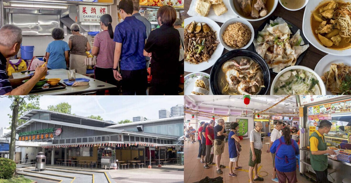 Collage of hawker food and queues at hawker centres