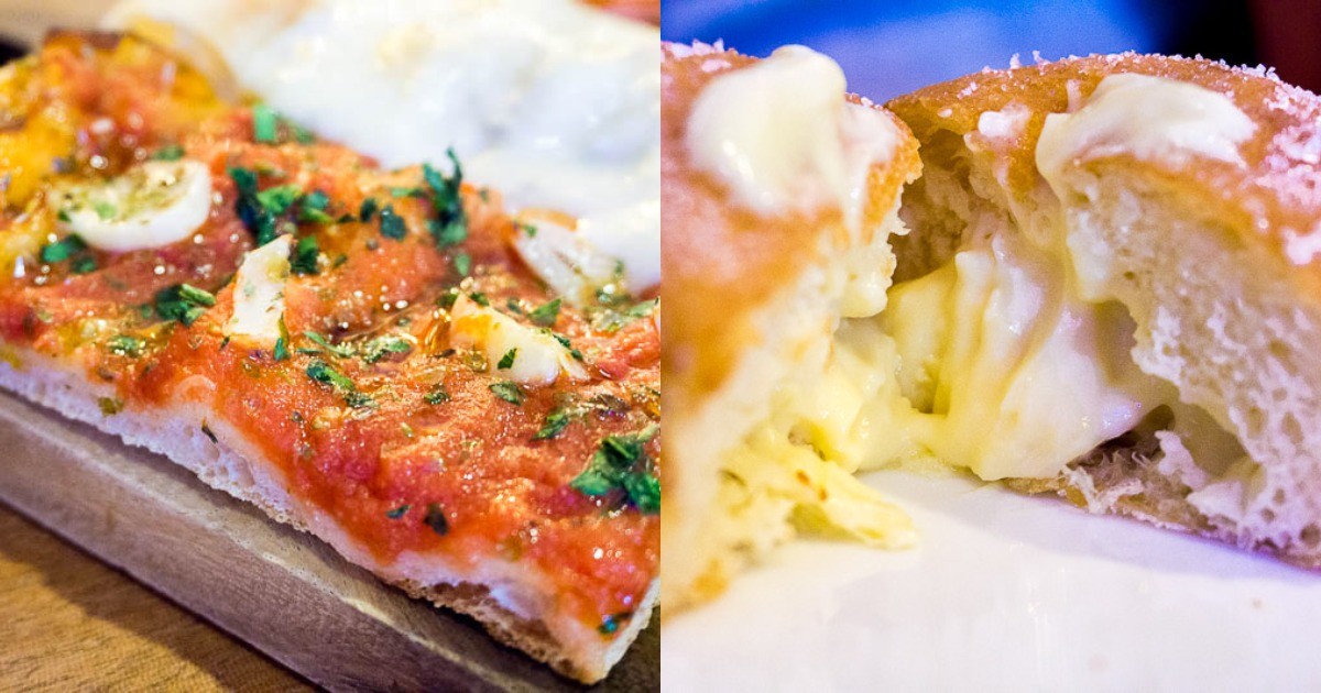 Collage of a slice of Marinara Pizza and cross section of Custard Bomboloni