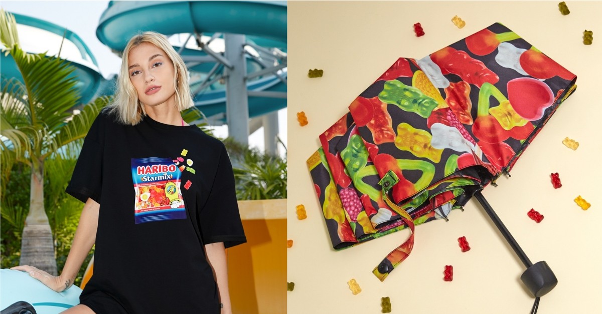 Collage of oversized haribo shirt and Haribo graphic design umbrella