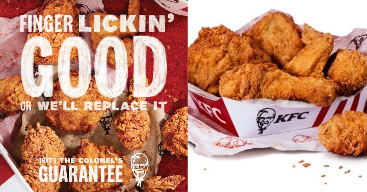Collage of Colonel's guarantee poster and fried chicken