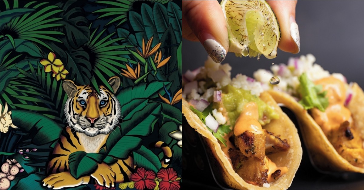 Collage of poster from Lil' Tiger and hand squeezing lime on taco