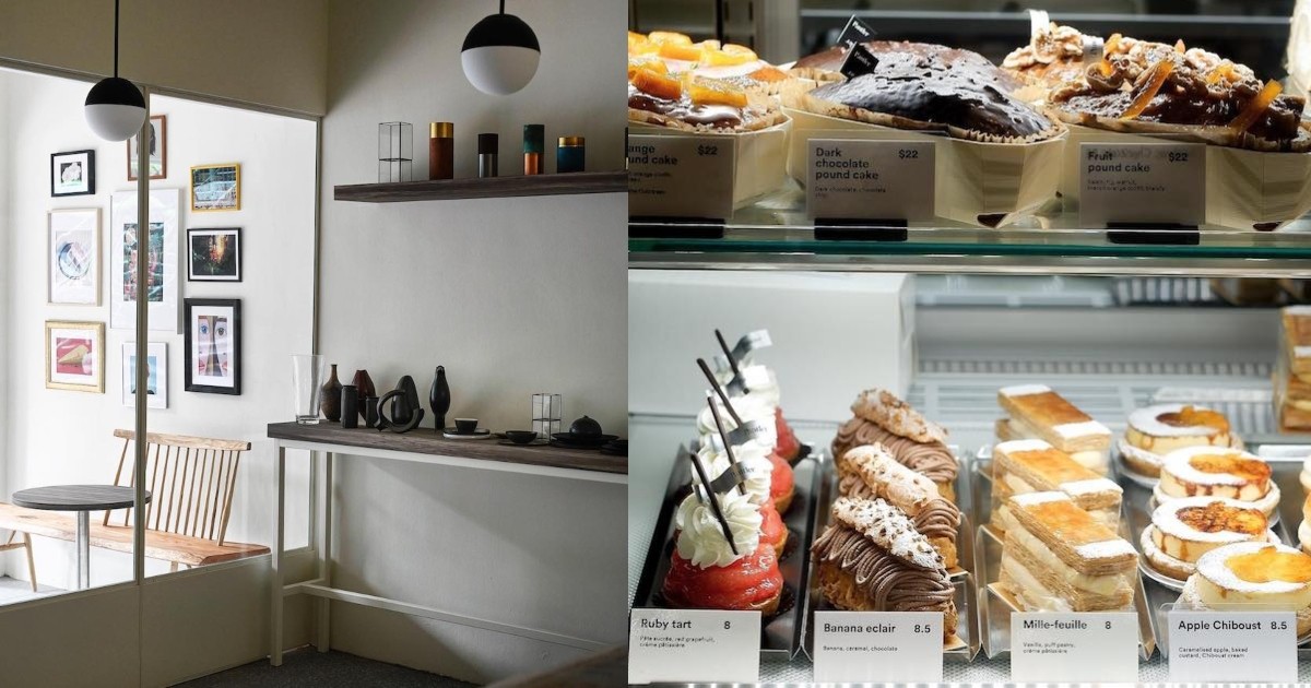 A collage of Pantler's interior and range of cakes and pastries