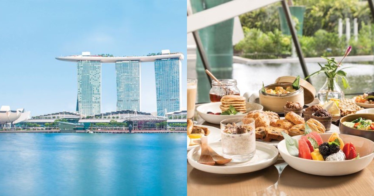 Collage of Marina Bay Sands hotel and food offerings