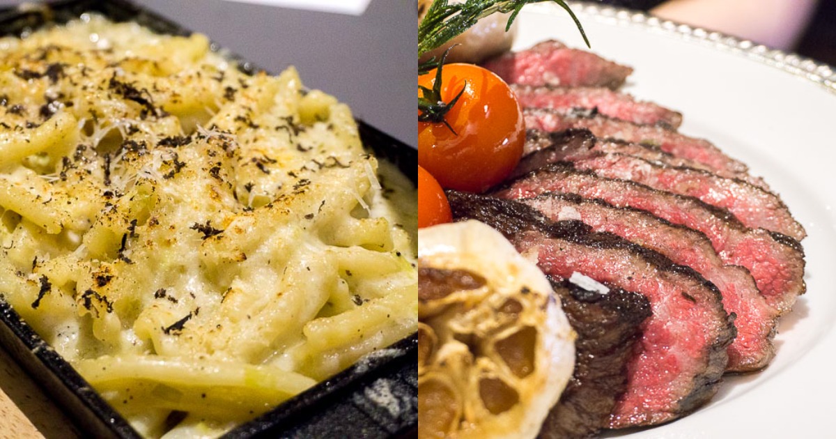Collage of Crusted Mac & Cheese and an array of steak cuts at Fat Belly Social Steakhouse