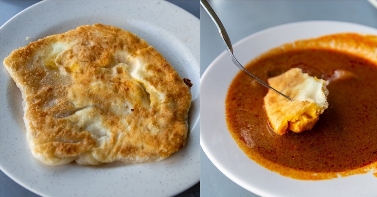 Collage of egg prata and dipping prata into mutton curry at Mr and Mrs Moghan