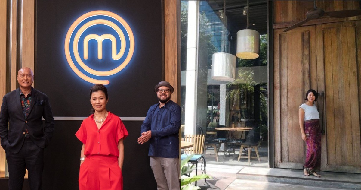 Collage of MasterChef Singapore Season 2 judges and woman standing in front of large wooden cafe doors