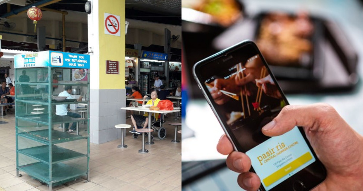 Collage of tray return point and cashless payment at hawker centre