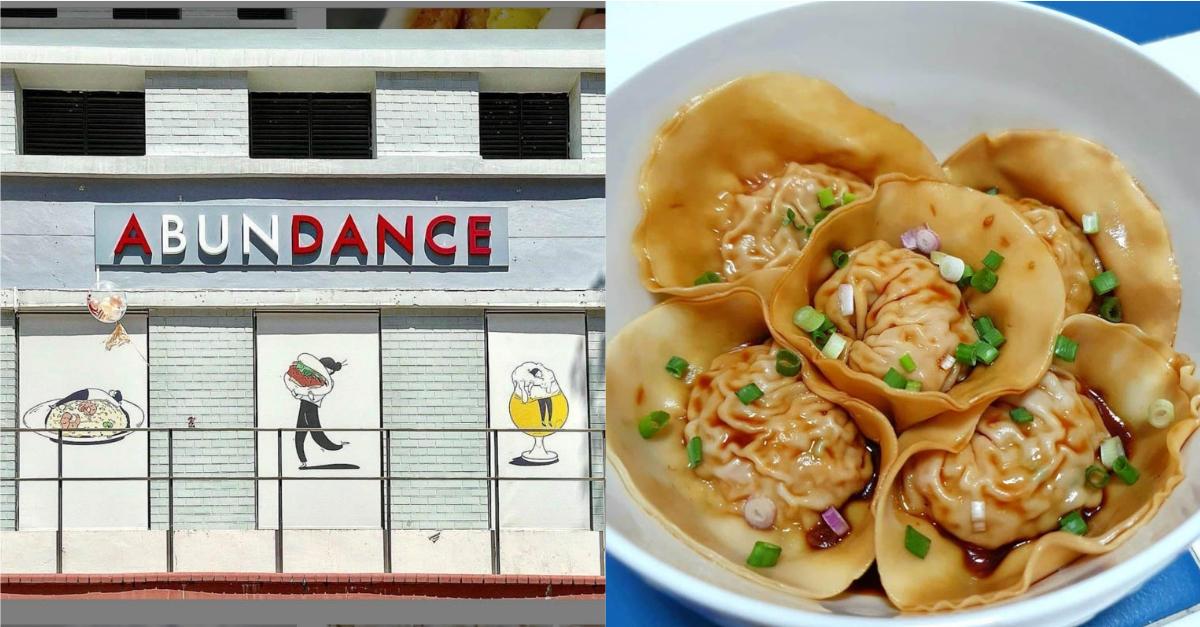 Collage of Abundance exterior and bowl of dumplings