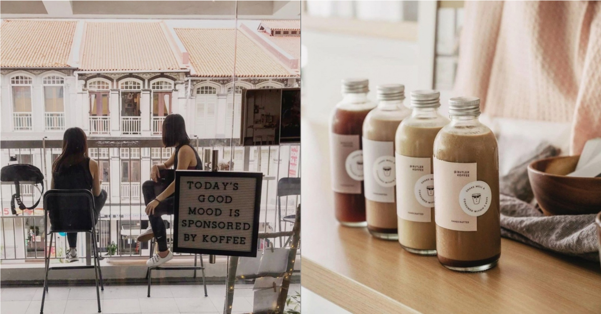 Collage of balcony seat of Butler Koffee and bottle of cold brew from Butler Koffee