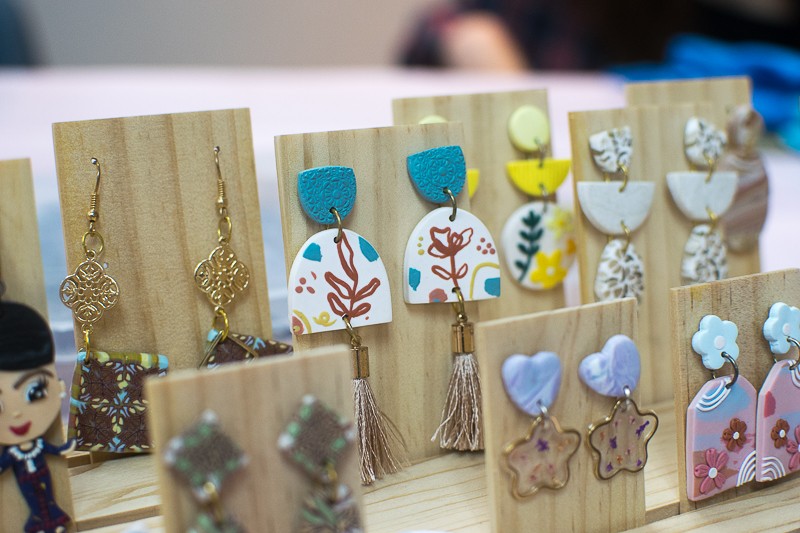 A display of completed clay earrings