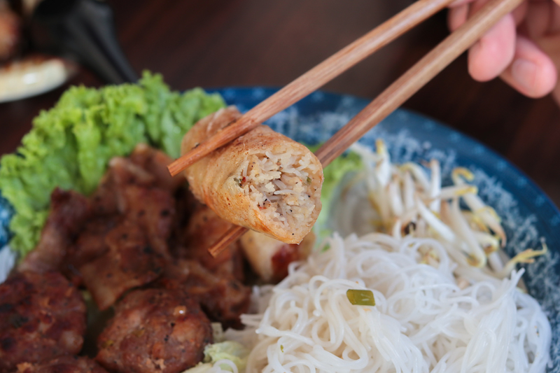 Close up of fried spring rolls in Hoang Hau's Pork Bun Cha
