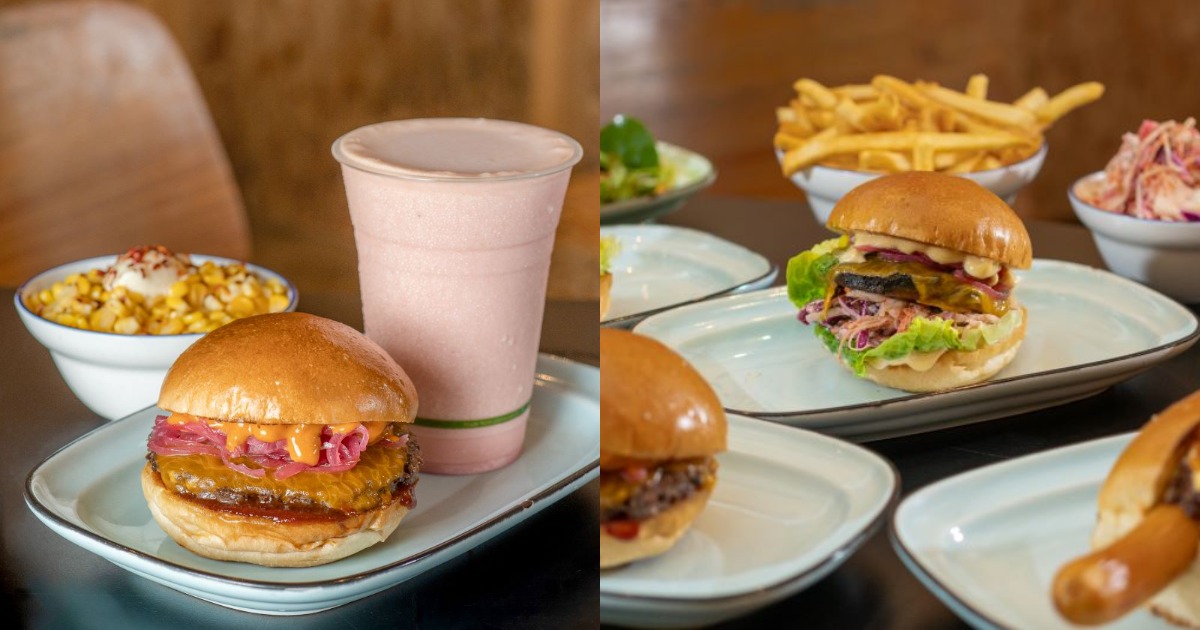 Collage of Tiga Roti burgers, milkshake, and sides