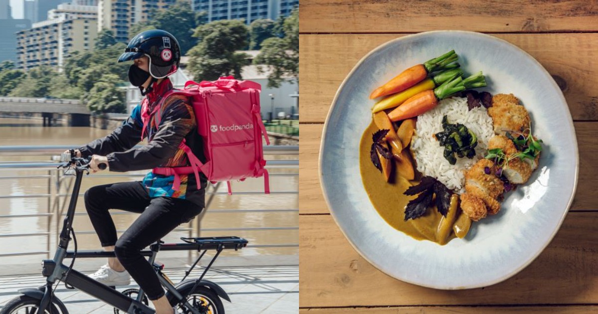 Collage of FoodpandaXEat Just rider and GOOD Meat Katsu Curry