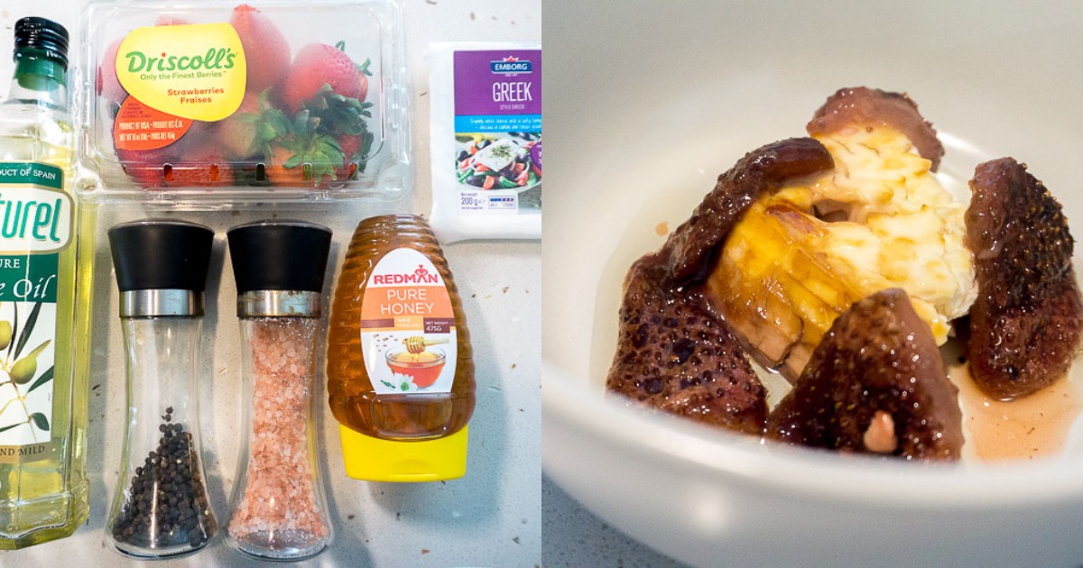 Collage of ingredients and Baked Feta With Honeyed Strawberries