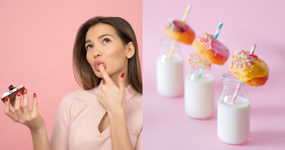 Collage Of woman tasting cupcake and milk & donut jars