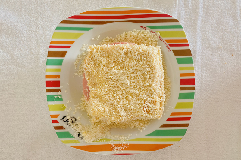 Top view of sandwich coated with breadcrumbs 