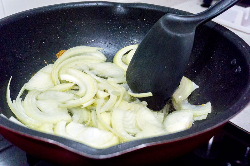 Sauteeing onions for Lemony Braised Chicken Legs