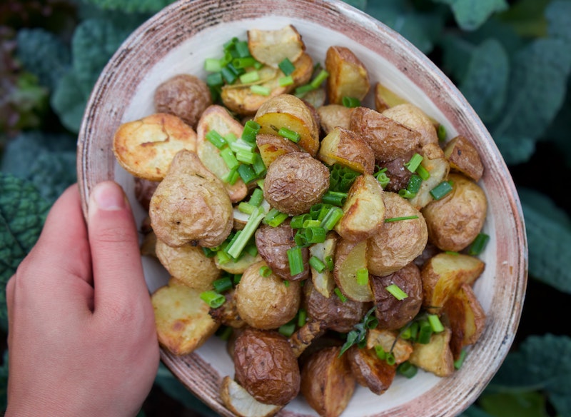 A plate of roasted potatoes