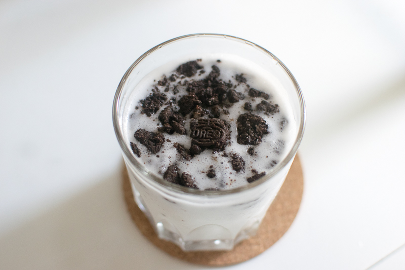 A coconut shake topped with Oreo