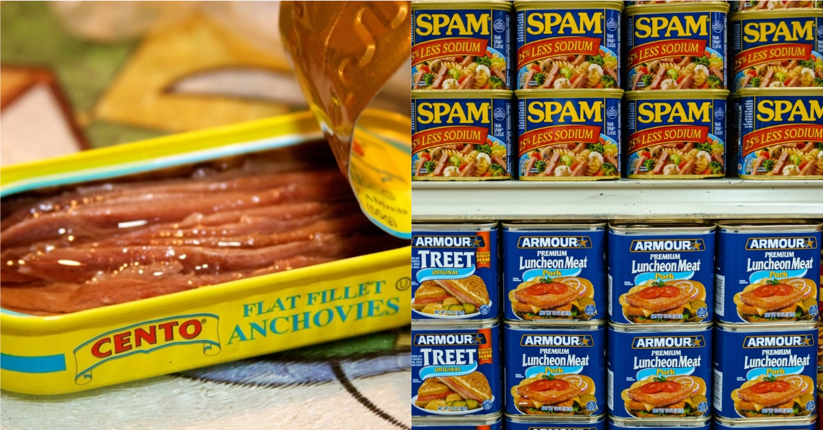 Collage of tinned anchovies and spam