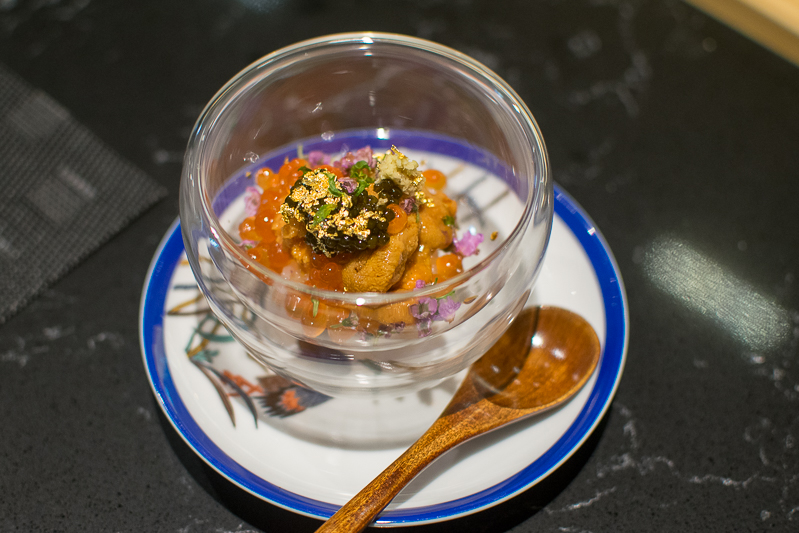 A bowl of uni, caviar, and ikura