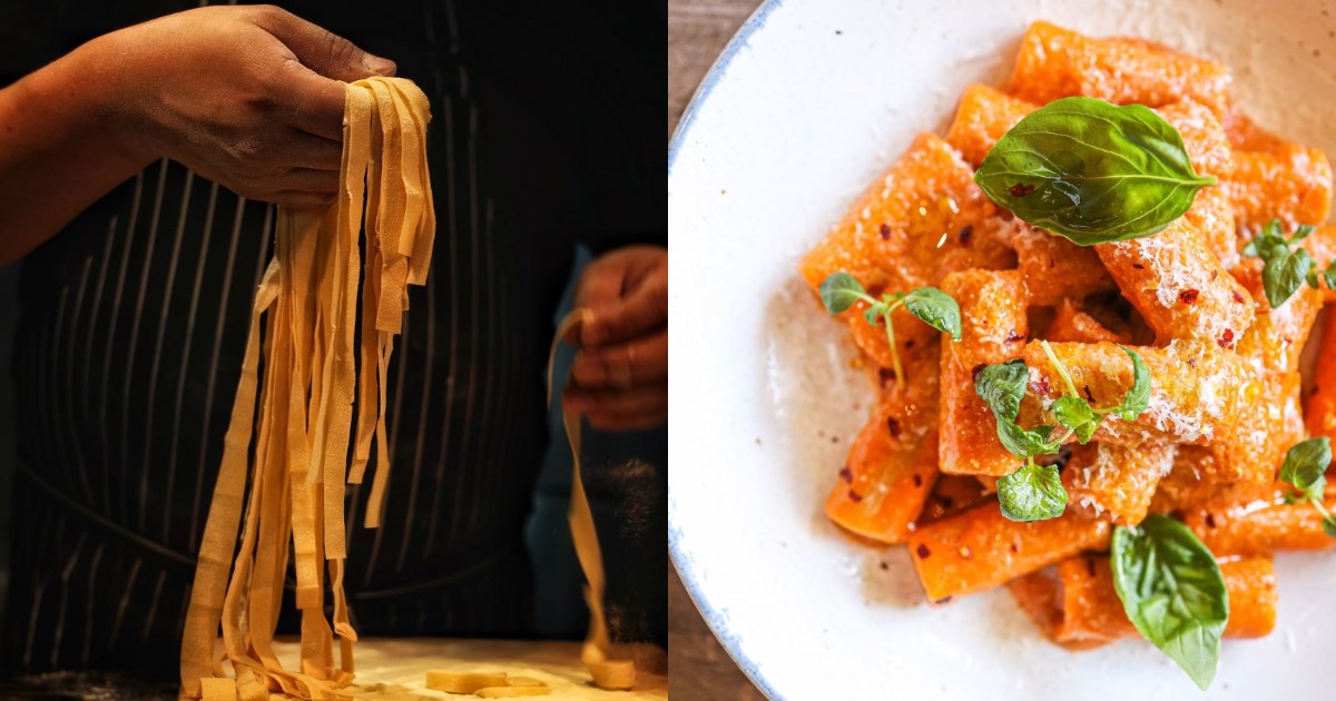 Collage of man making pasta and handBELLO's Pink Vodka