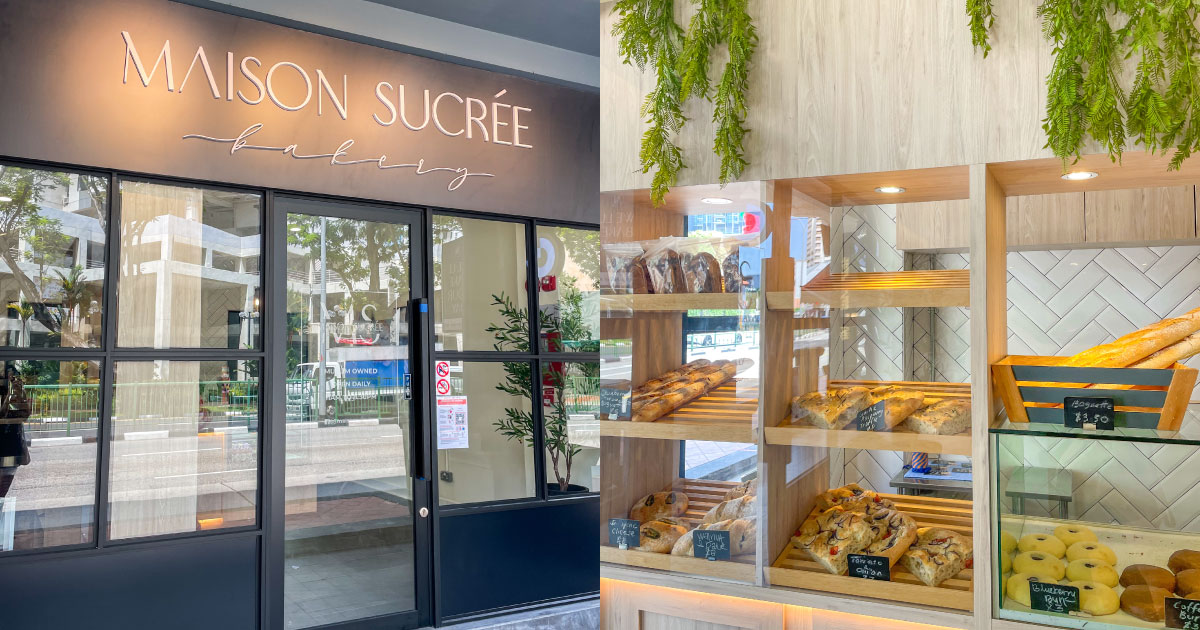 a collage of maison sucree bakery's interior and exterior