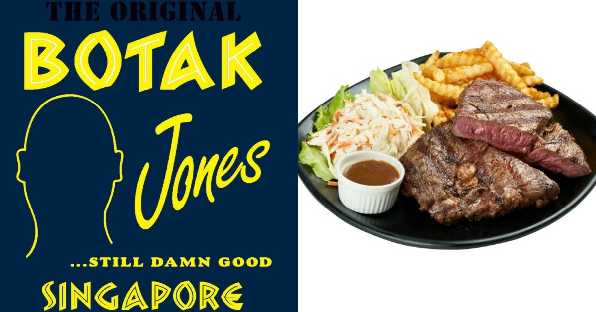Collage of The Original Botak Jones logo and plate of steak with sides