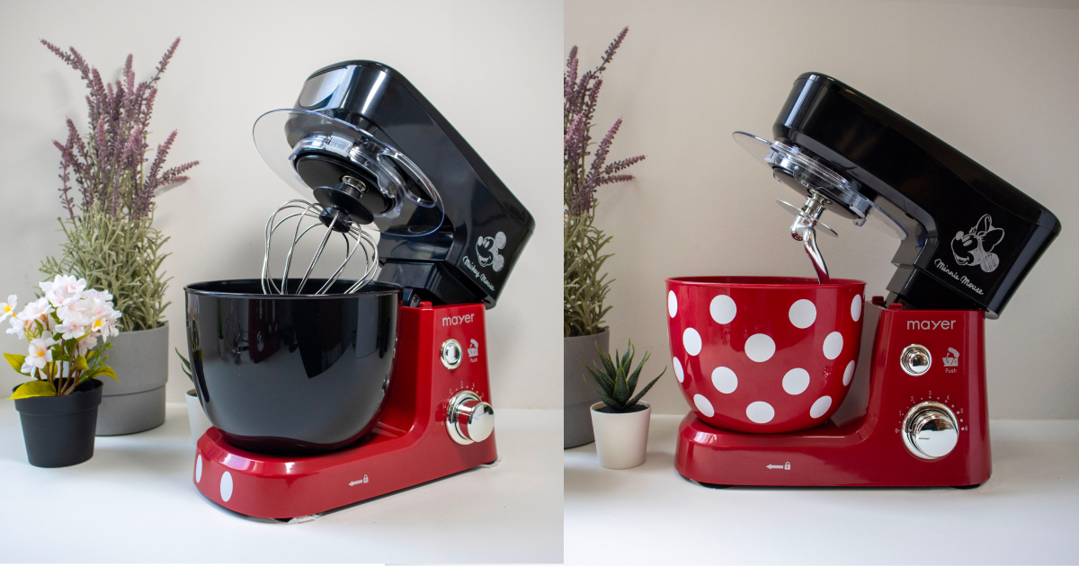 a collage of disney x mayer stand mixers