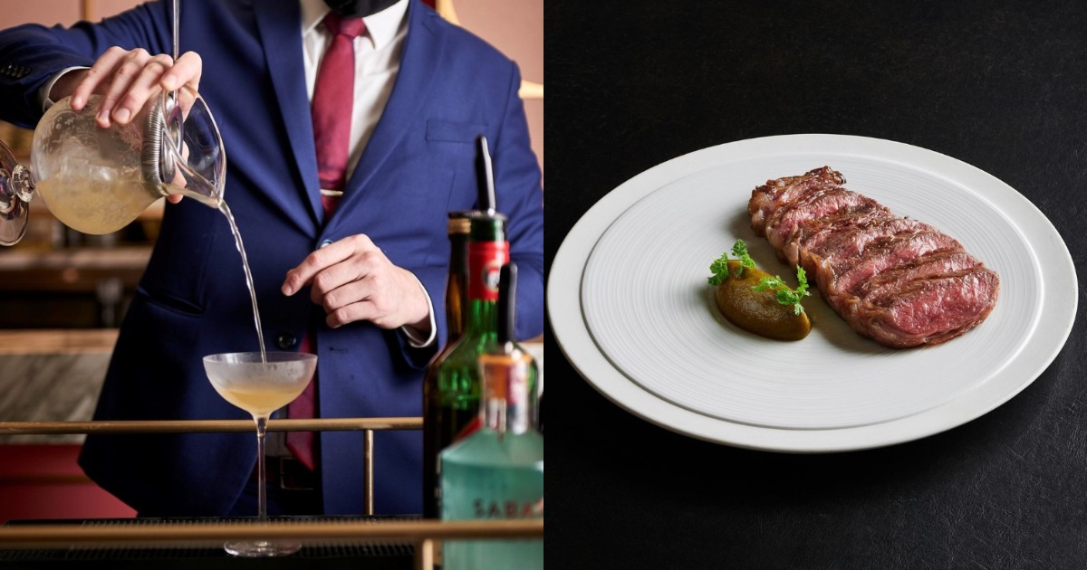 Collage of man pouring cocktail and plate of steak