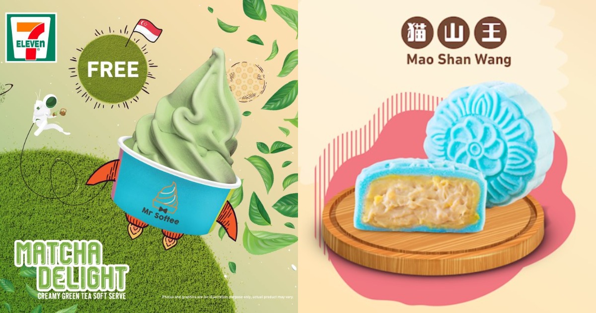 Collage of 7-Eleven Matcha Soft Serve and Mao Shan Wang Durian Snowskin Mooncake