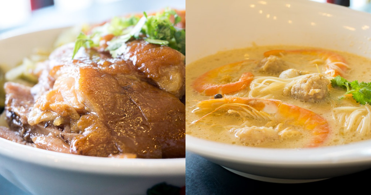 Collage of Long Jiang Pig Leg Rice and Seafood Cheese Beehoon