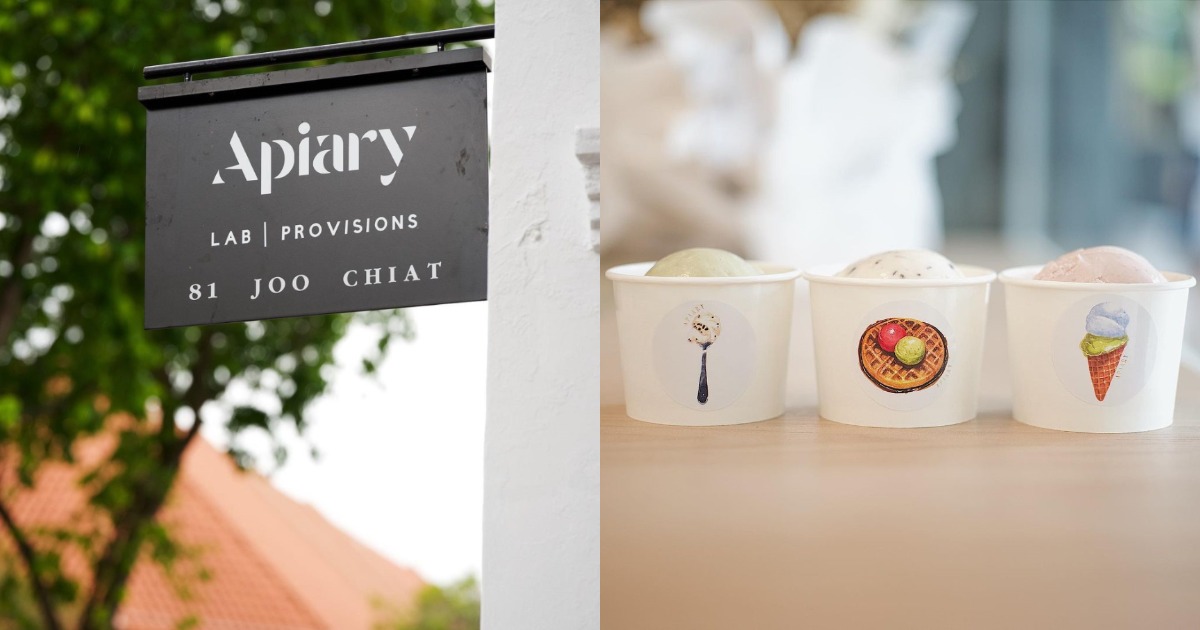 Collage of Apiary Joo Chiat signboard and gelato cups