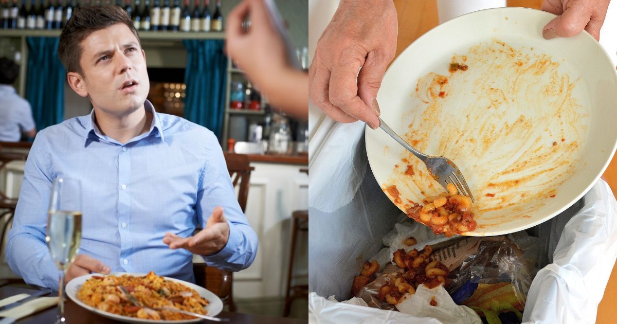 Collage of man complaining about food to wait staff and person throwing out food