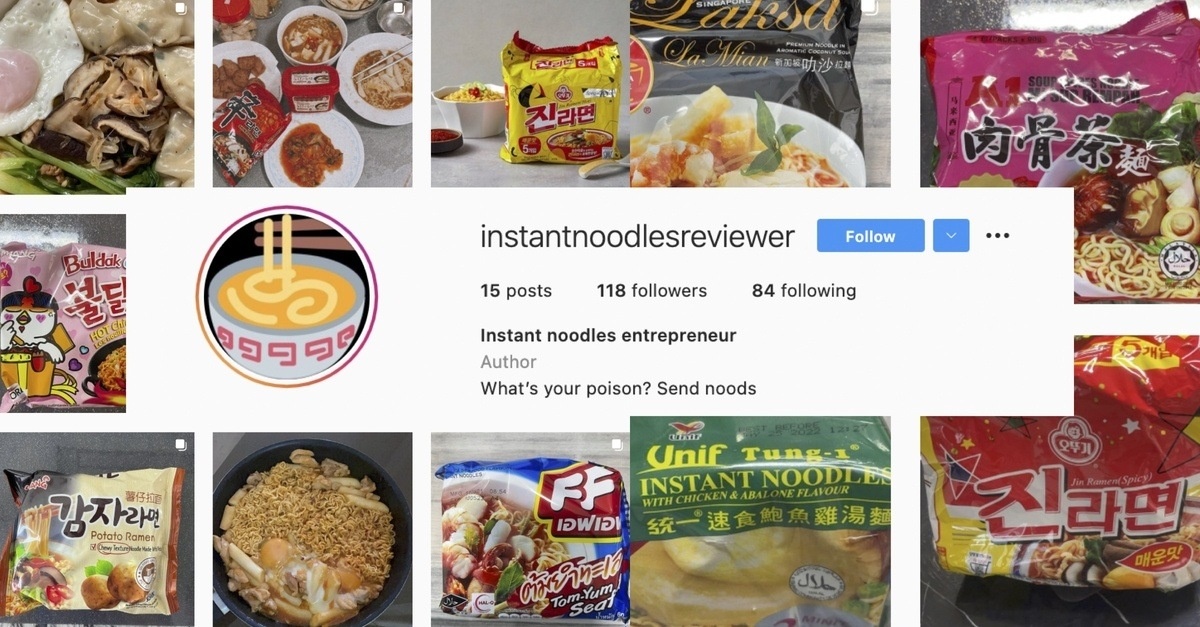 A collage of instant noodles & a screengrab of user's IG handle