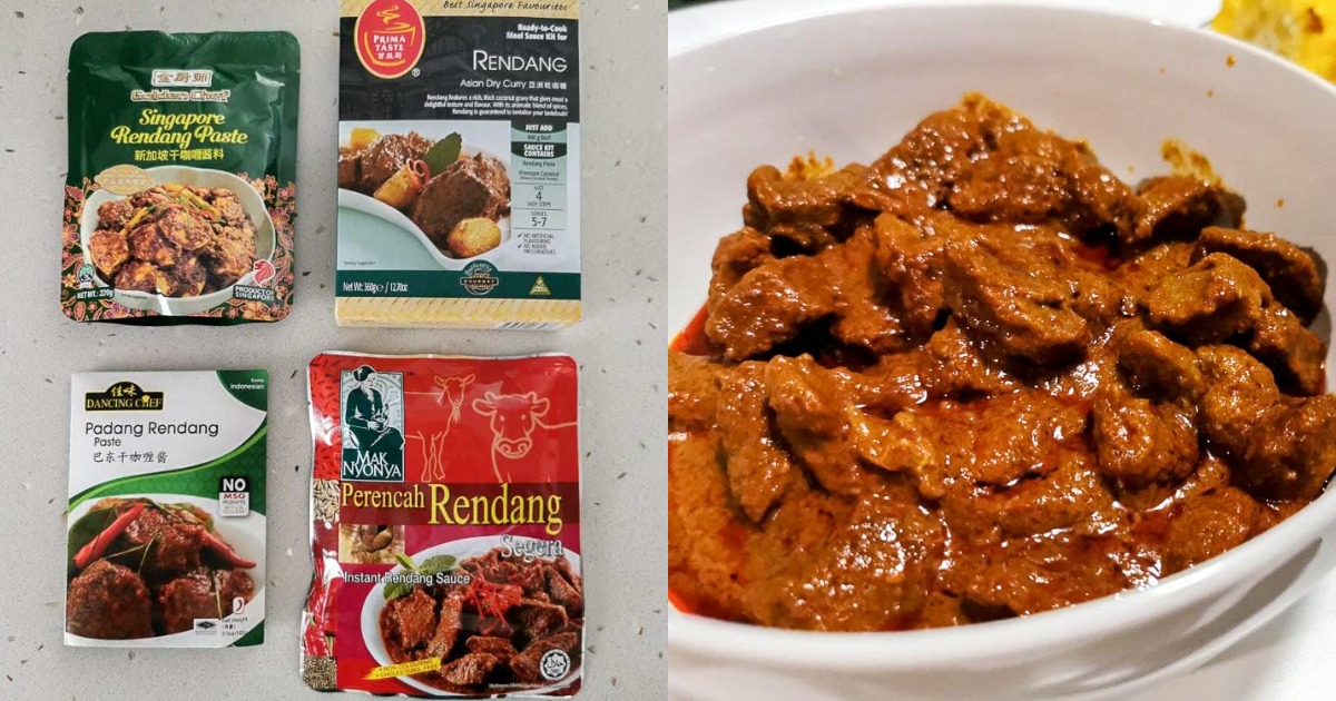 Collage of various rendang paste brands and bowl of Rendang
