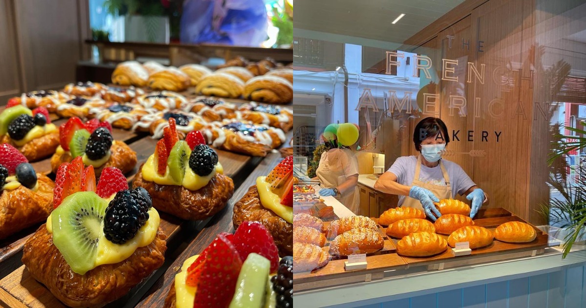 Collage of Mixed Fruit Danish and The French American Bakery store front