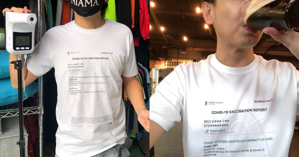Collage of man wearing a T-shirt with his vaccination report