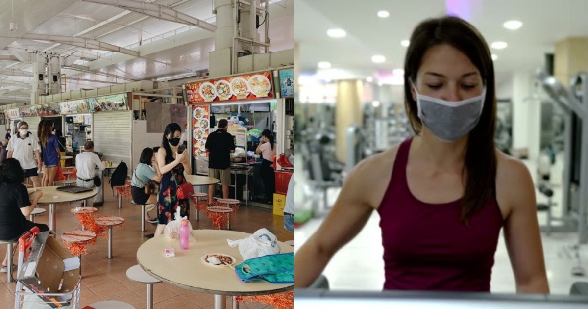 Collage of hawker centre and woman working out with mask on
