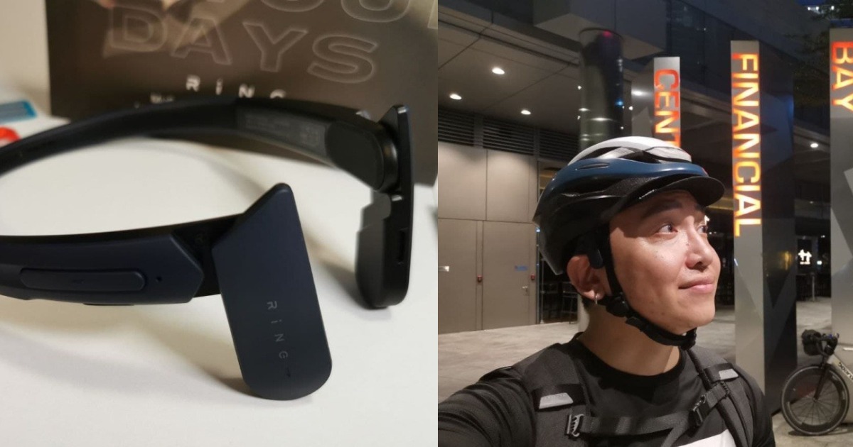 Collage of Mu6 headphones and person wearing it with bike helmet