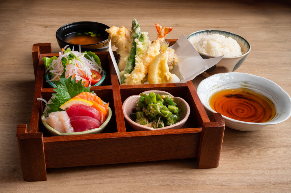 a shot of tempura makino's executive bento set