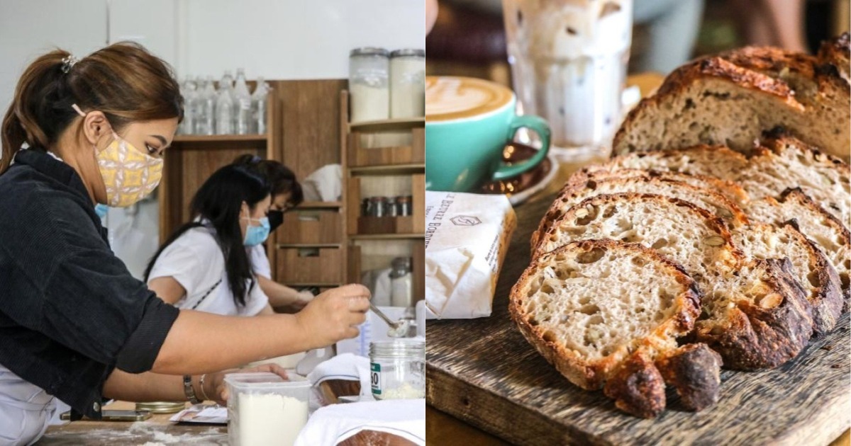 Collage of woman making sourdough and sourdough bread