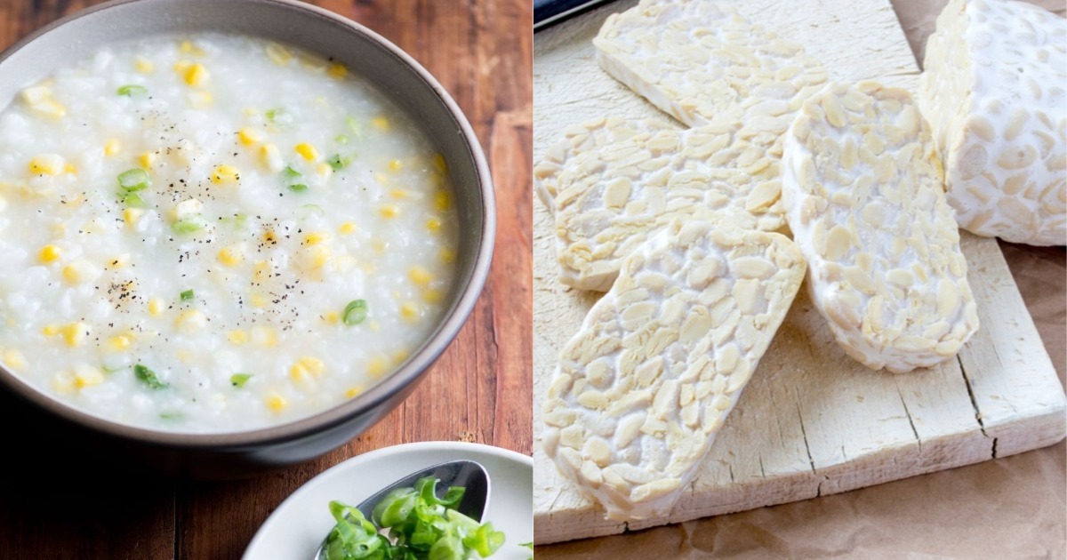 Collage of congee and tempeh