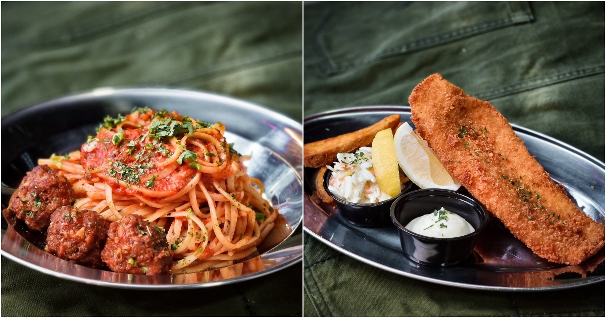Collage Of Awp's Meatball Linguini Marinara And Fish And Chips