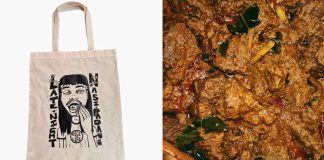 Collage of LNNP's merch and beef rendang
