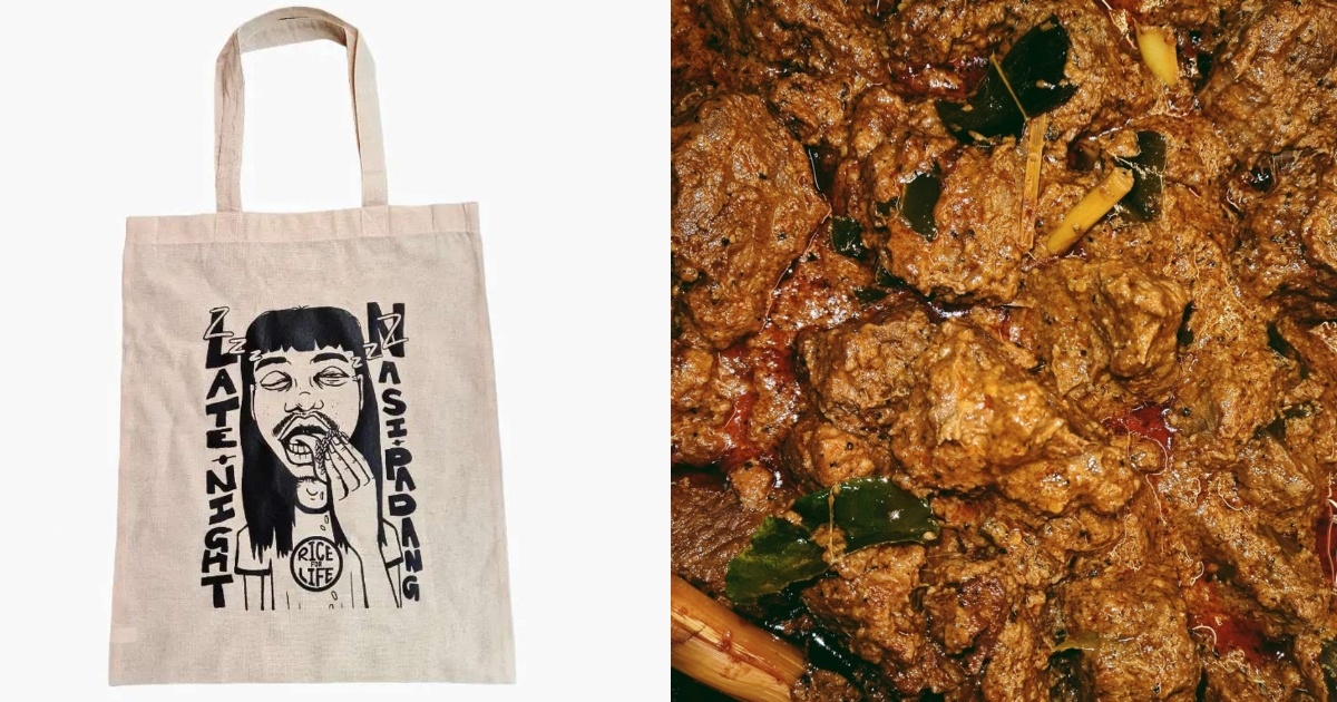 Collage of LNNP's merch and beef rendang