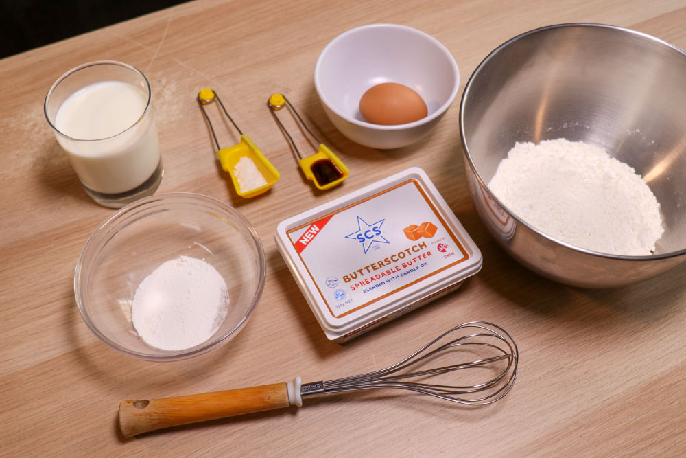 a flatlay of ingredients for butterscotch pancakes
