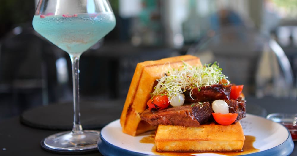 KM Bagel & Waffle - braised beef cheek bagel
